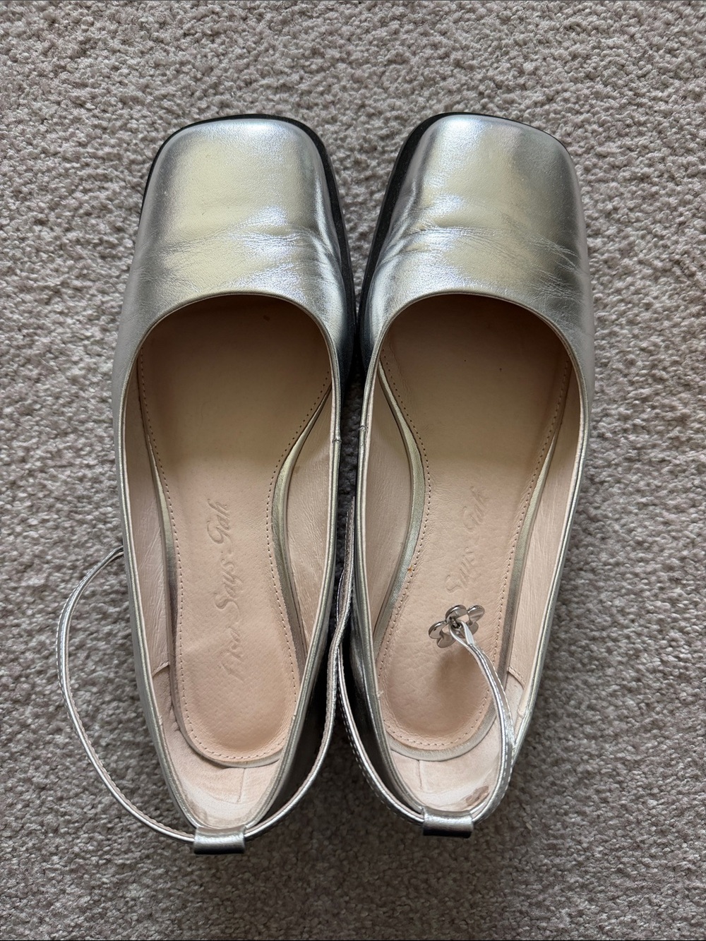 LISA SAYS GAH Metallic Silver Square-Toe Ballet Flats with Ankle Strap